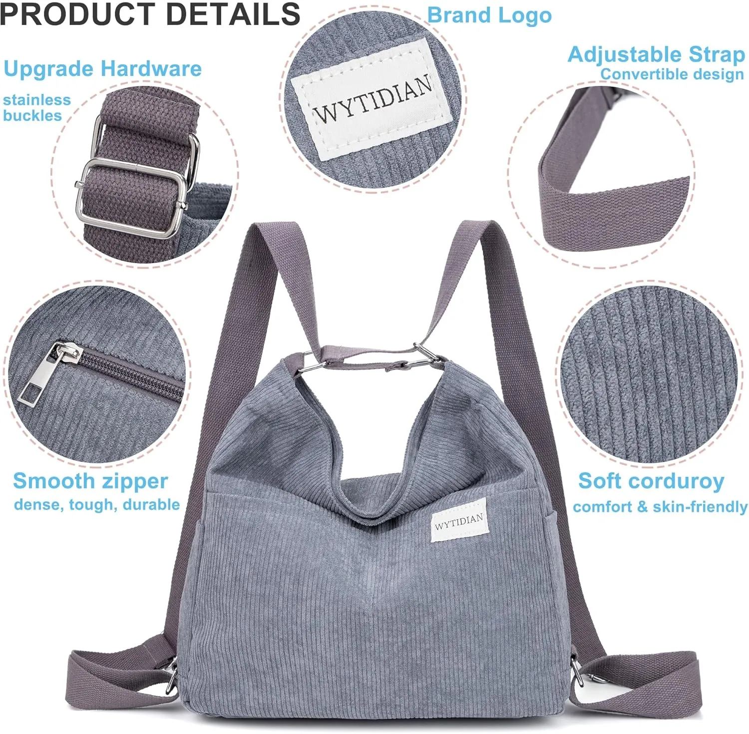 Corduroy Tote Backpack Crossbody Bag for Women, Convertible Shoulder Bags Designer Handbag for College, Work
