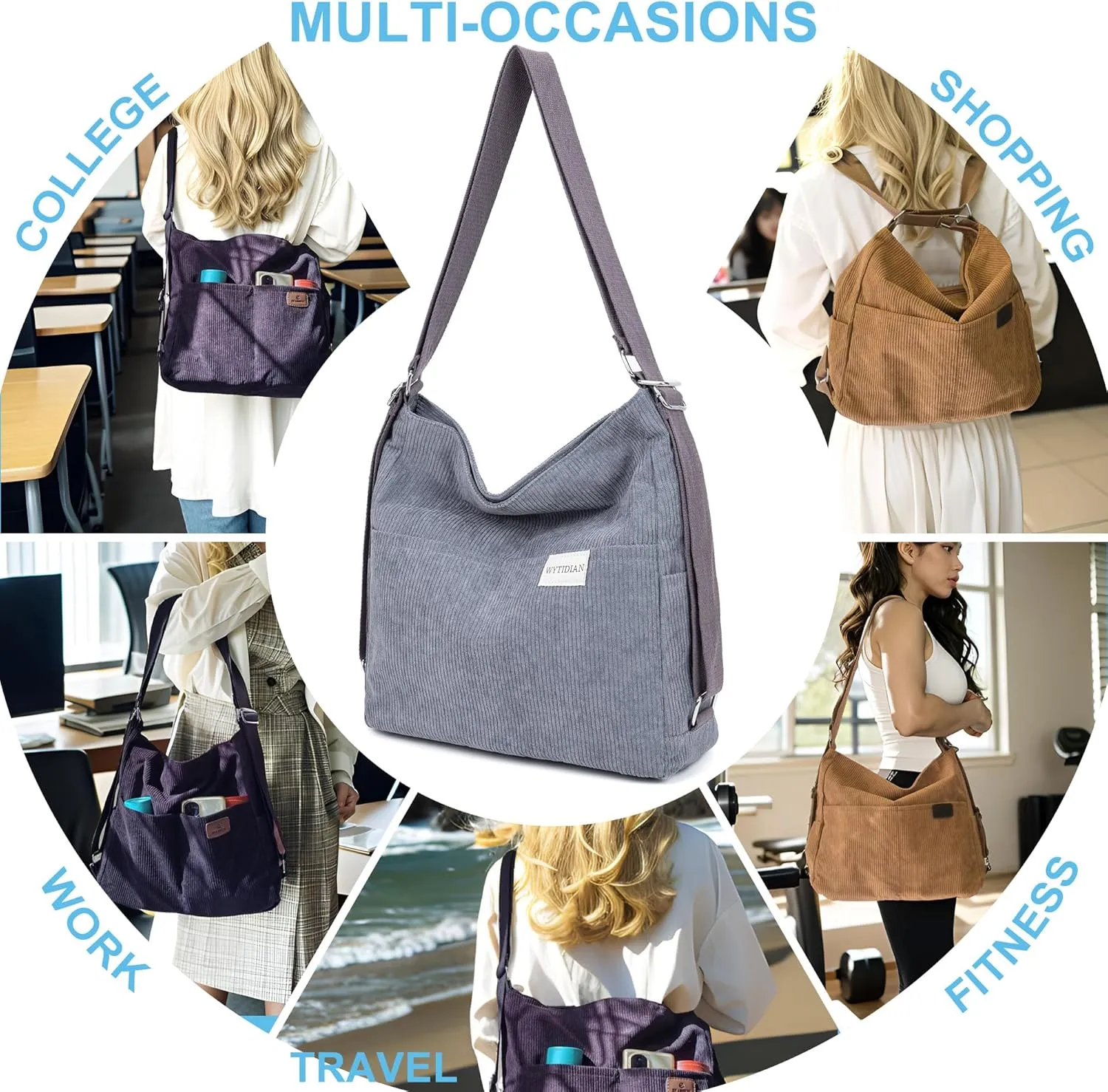 Corduroy Tote Backpack Crossbody Bag for Women, Convertible Shoulder Bags Designer Handbag for College, Work