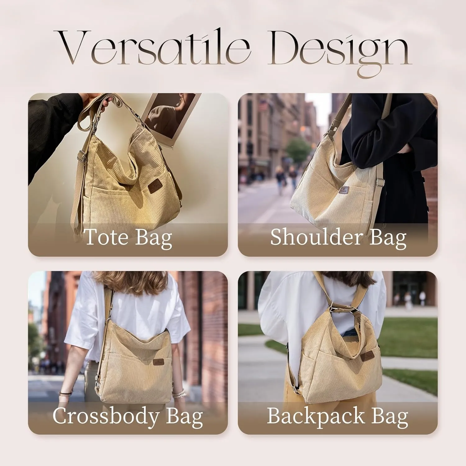 Corduroy Tote Bag for Women Convertible Backpack Purse Crossbody Hobo Shoulder Bag with Multi Pockets Compartments