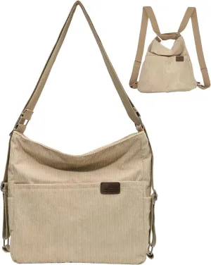 Corduroy Tote Bag for Women Convertible Backpack Purse Crossbody Hobo Shoulder Bag with Multi Pockets Compartments