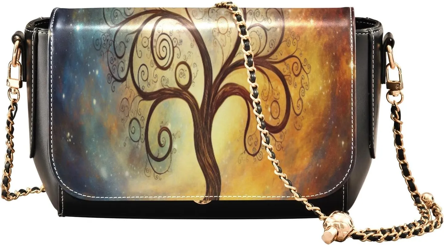 Cosmic Tree on Starry Night Sky Leather Zipper Crossbody Purse, Ladies Leather Crossbody Bags, Crossbody Bags for Women