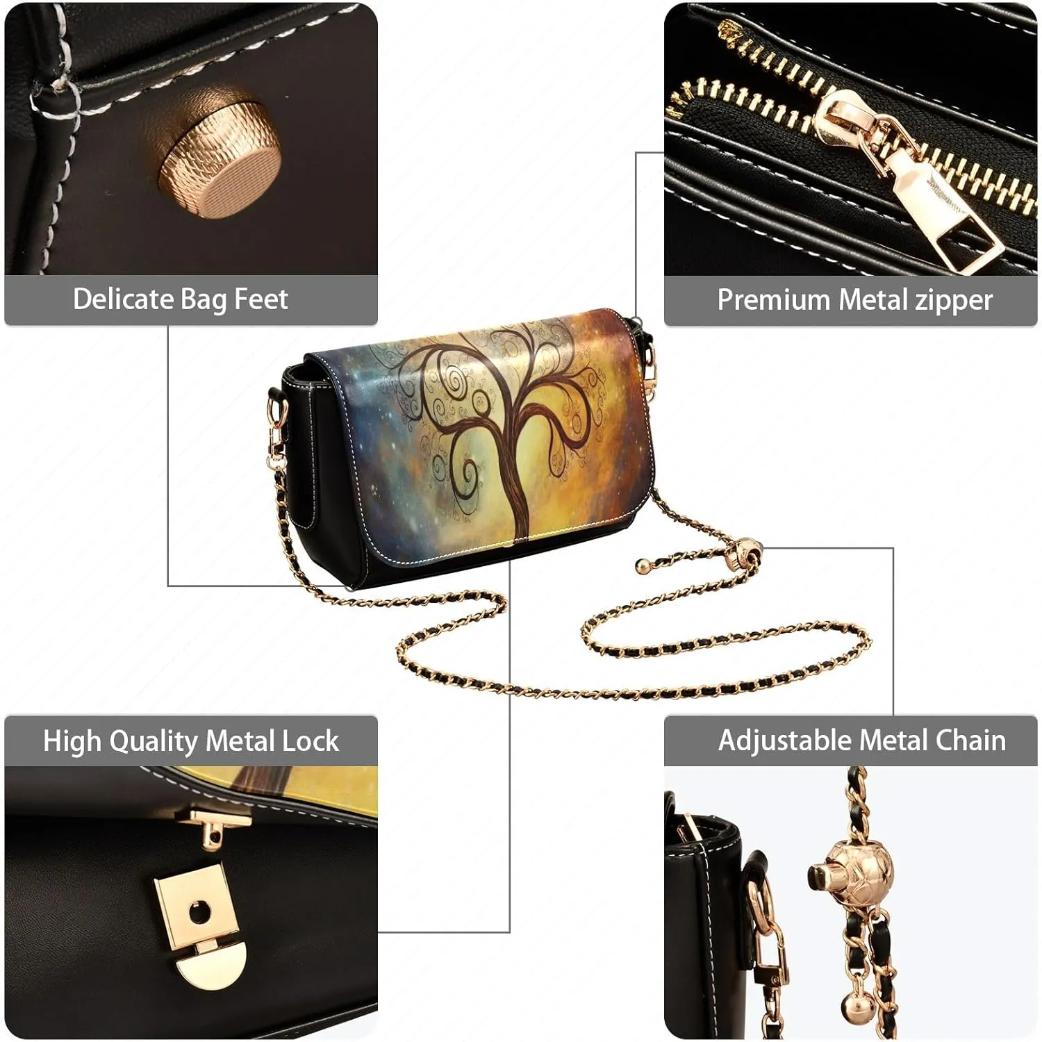 Cosmic Tree on Starry Night Sky Leather Zipper Crossbody Purse, Ladies Leather Crossbody Bags, Crossbody Bags for Women