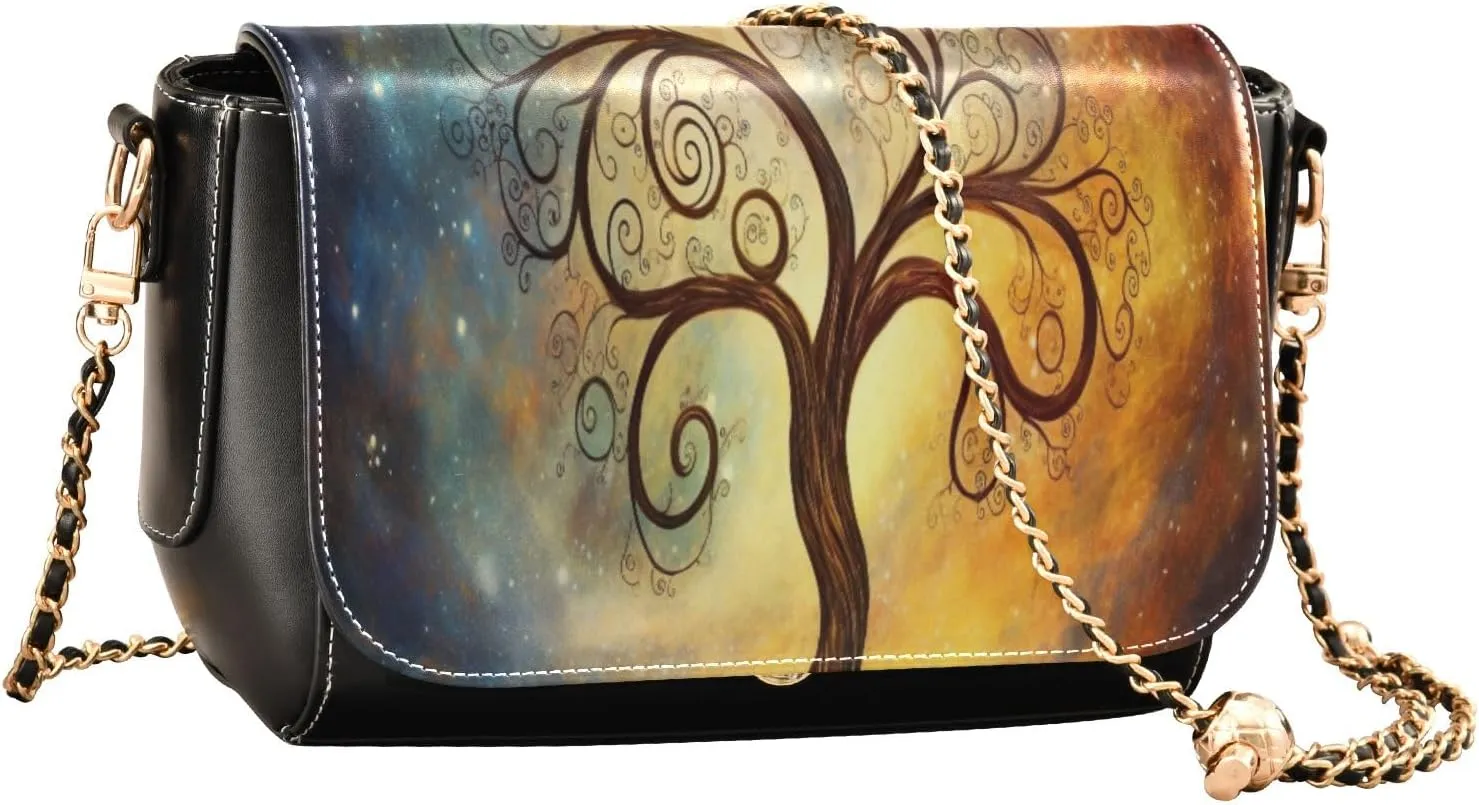 Cosmic Tree on Starry Night Sky Leather Zipper Crossbody Purse, Ladies Leather Crossbody Bags, Crossbody Bags for Women