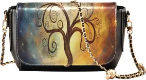 Cosmic Tree on Starry Night Sky Leather Zipper Crossbody Purse, Ladies Leather Crossbody Bags, Crossbody Bags for Women