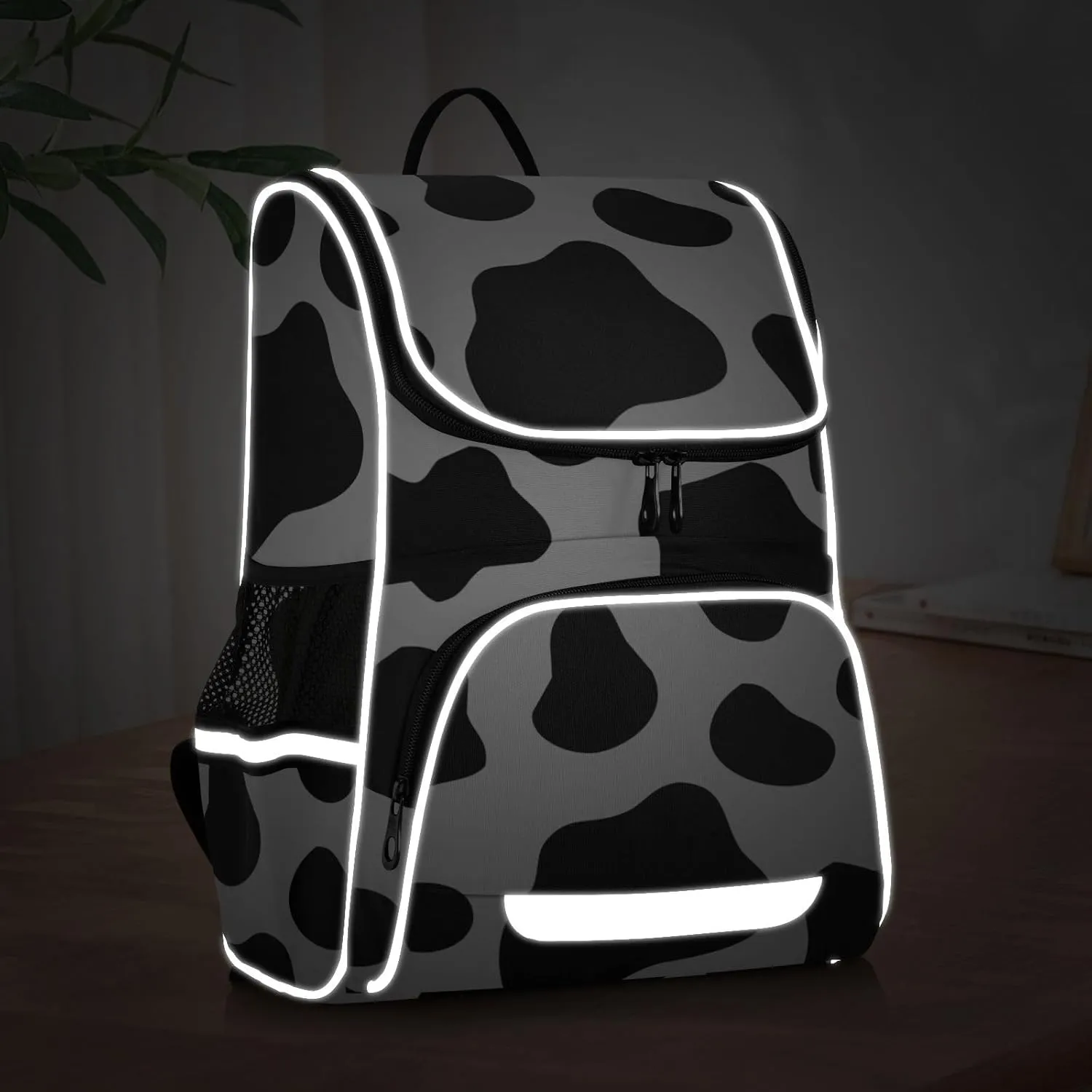 Cow Print Backpack with Reflective Strip for Kids Boys Girls Elementary School Bag Removable Chest Strap