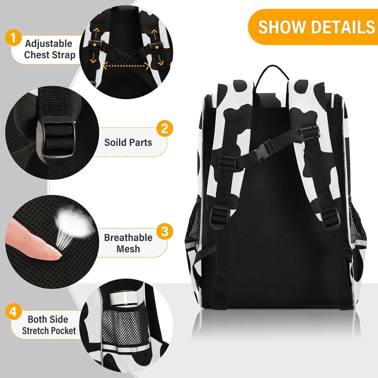 Cow Print Backpack with Reflective Strip for Kids Boys Girls Elementary School Bag Removable Chest Strap