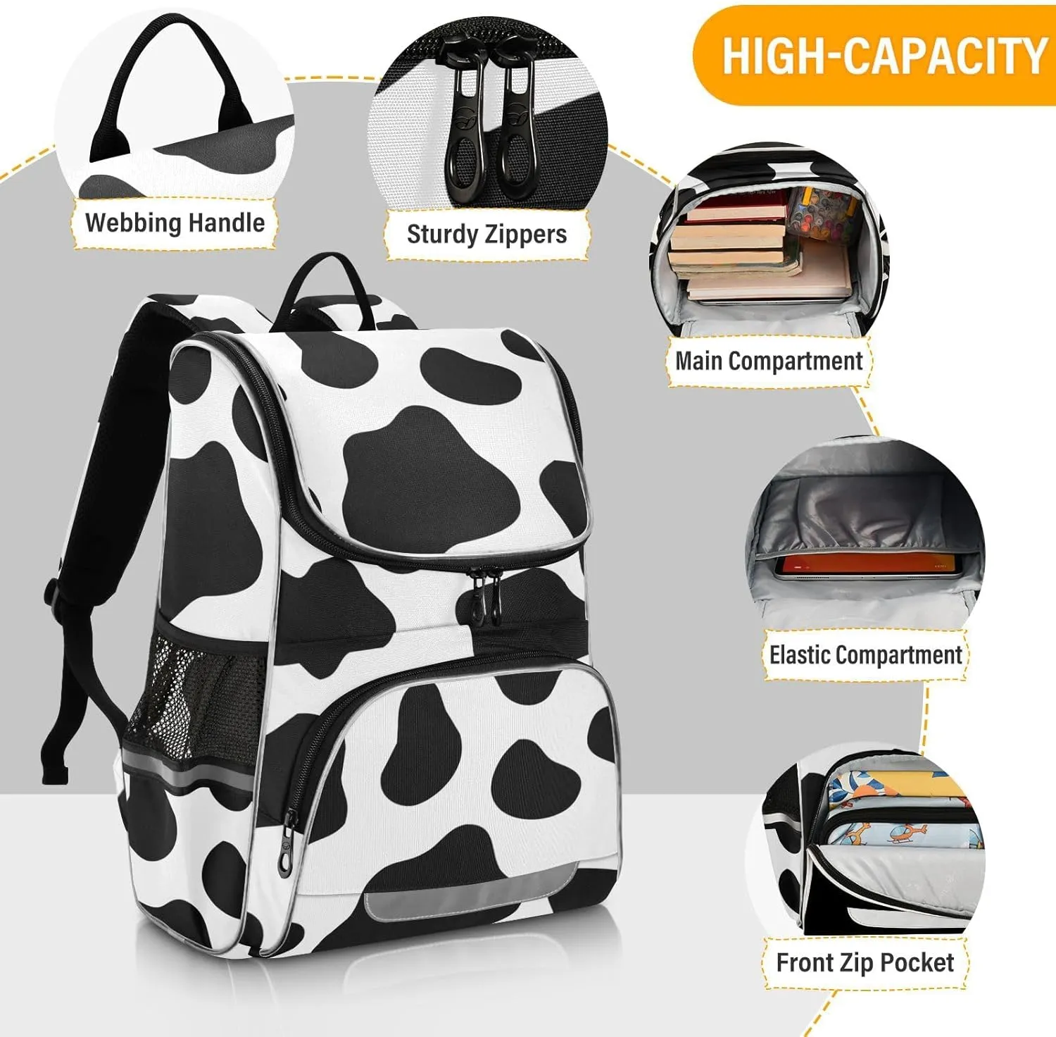 Cow Print Backpack with Reflective Strip for Kids Boys Girls Elementary School Bag Removable Chest Strap