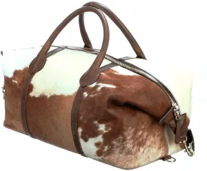 Cowhide Extra Large Duffel Bag Cowhide Bag Travel Bag Gym Bag Weekender Overnight Bag Premium Quality (Brown and White)