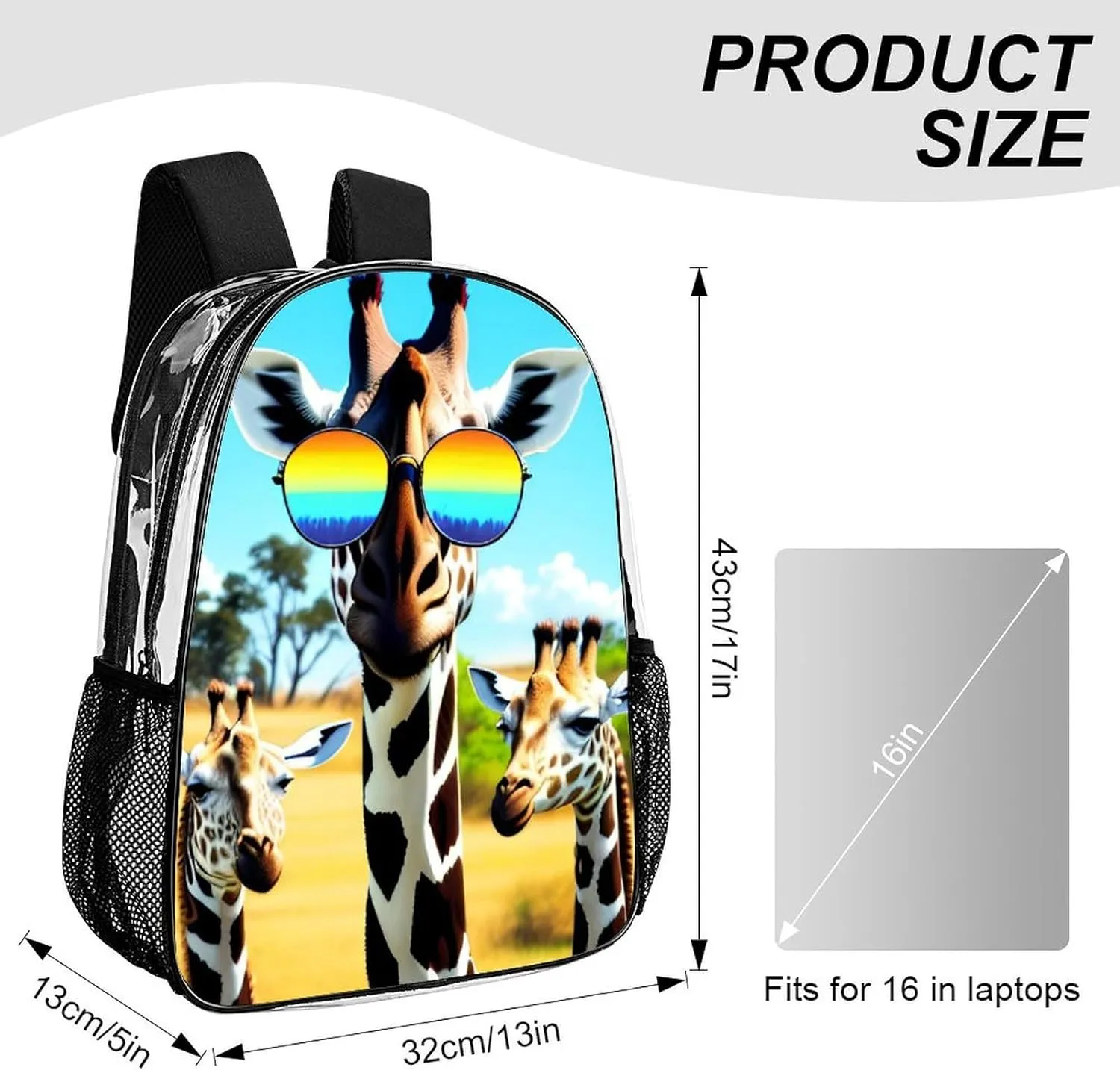Crazy Cool Giraffe Art Rucksacks Lightweight Multipurpose Anti-Theft Shoulder Bag Large Capacity Business Computer Bag Transparent Bag
