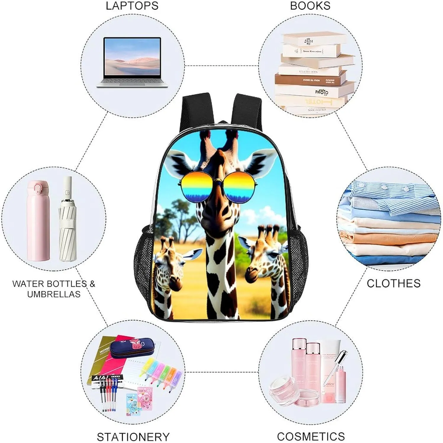 Crazy Cool Giraffe Art Rucksacks Lightweight Multipurpose Anti-Theft Shoulder Bag Large Capacity Business Computer Bag Transparent Bag