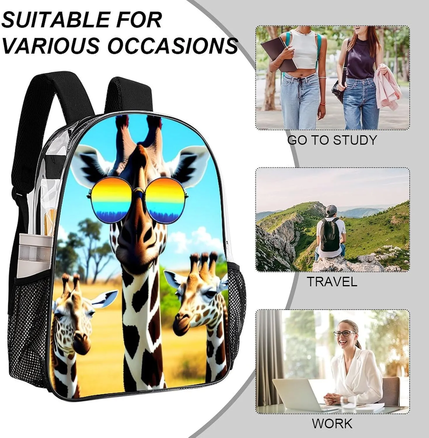 Crazy Cool Giraffe Art Rucksacks Lightweight Multipurpose Anti-Theft Shoulder Bag Large Capacity Business Computer Bag Transparent Bag
