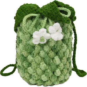 Crochet Drawstring Bags - Gradient Design Bucket Bag With Drawstring, Pineapple Crochet Drawstring Bags | Adorable Stylish Trendy Handwoven Cotton Purse For Women Girls