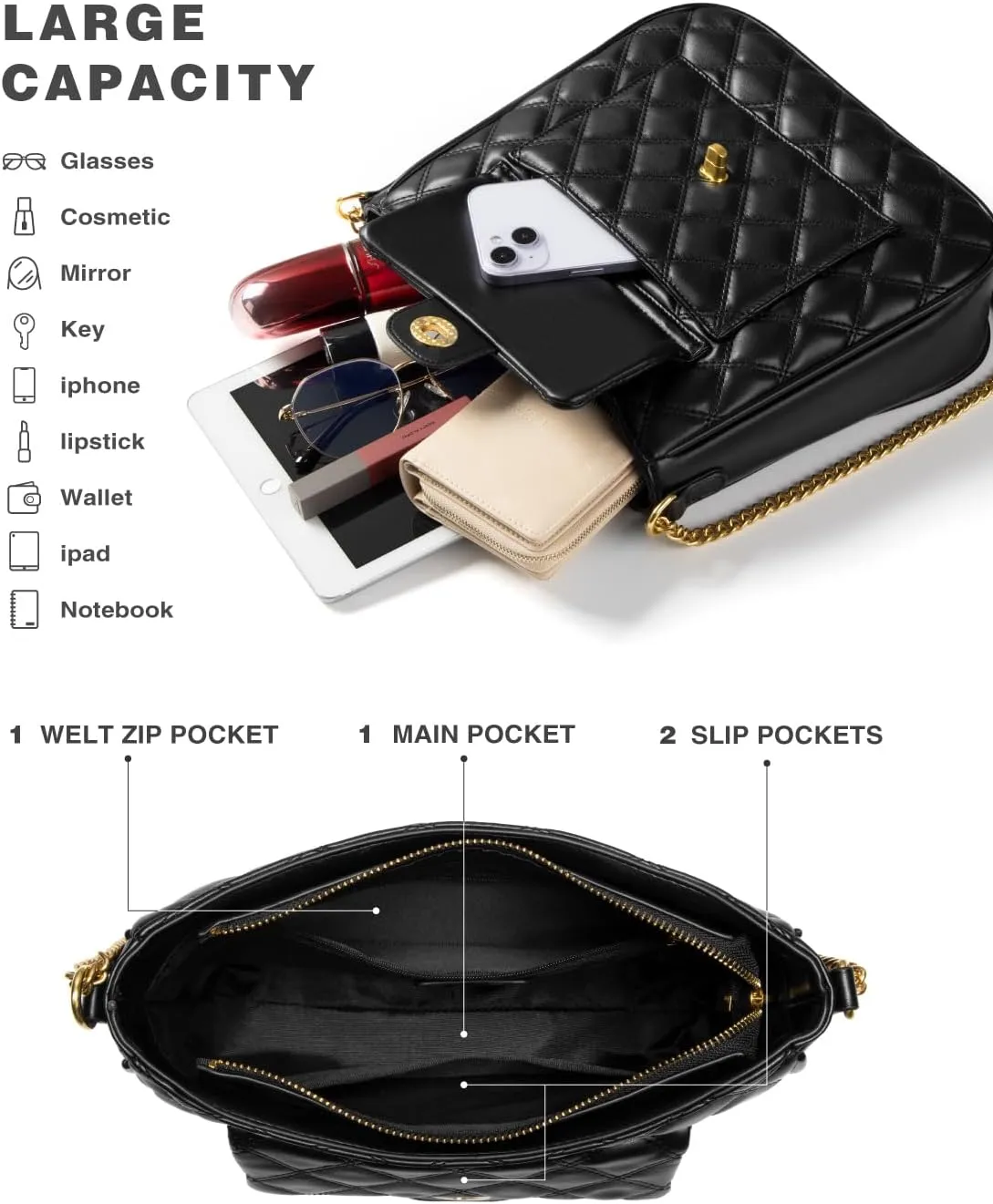 Crossbody Bag for Women, Quilted Crossbody Handbags Trendy Leather Purse Shoulder Bag with Adjustable Chain Strap