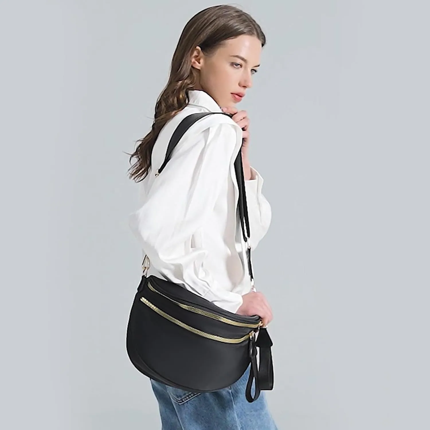 Crossbody Bags Bum Bag for Women Large Sling Bag Purse with Adjustable Strap（Black）