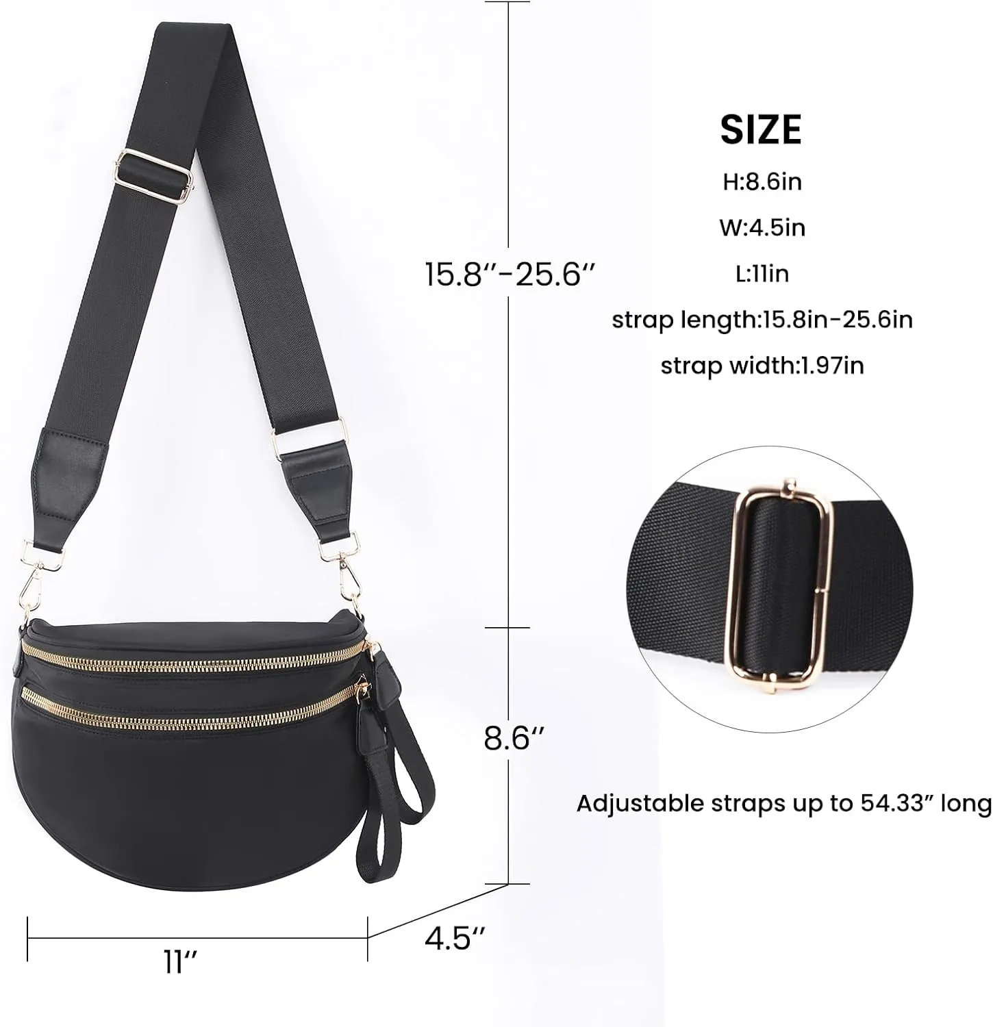 Crossbody Bags Bum Bag for Women Large Sling Bag Purse with Adjustable Strap（Black）