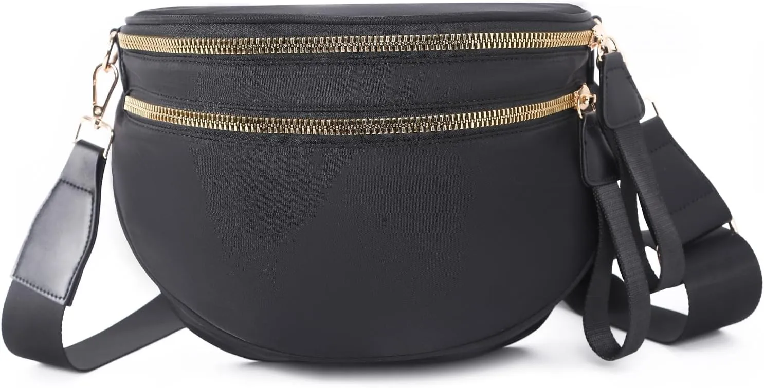 Crossbody Bags Bum Bag for Women Large Sling Bag Purse with Adjustable Strap（Black）