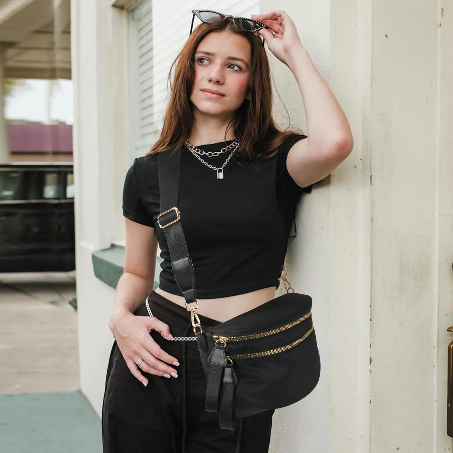 Crossbody Bags Bum Bag for Women Large Sling Bag Purse with Adjustable Strap（Black）