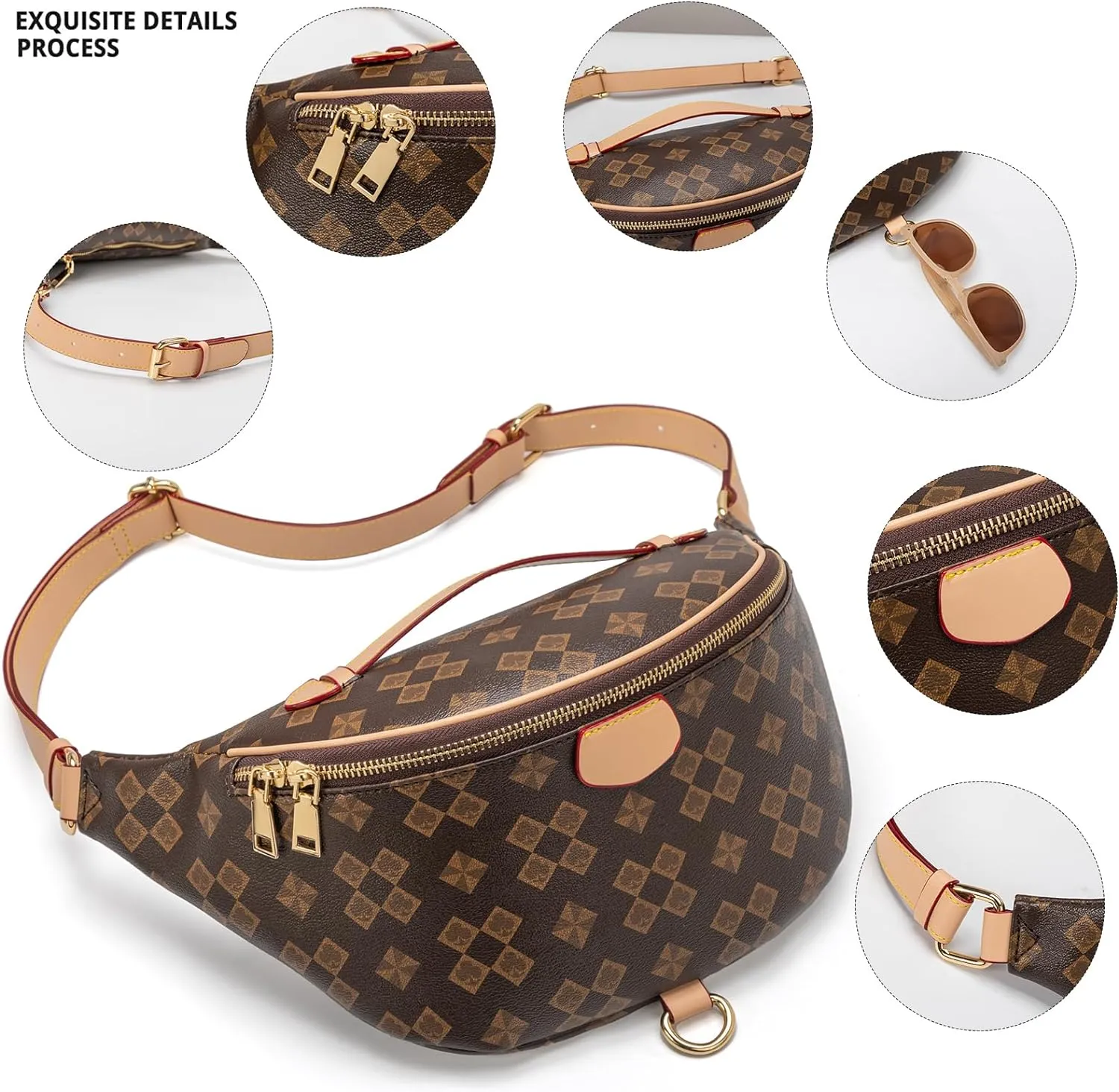 Crossbody Sling Bag for Women Fanny Pack with Adjustable Strap Large Opening Two-Way Zipper Closure Chest Bag Trendy Checkered Belt Bag for Daily Shopping Travel (Brown)