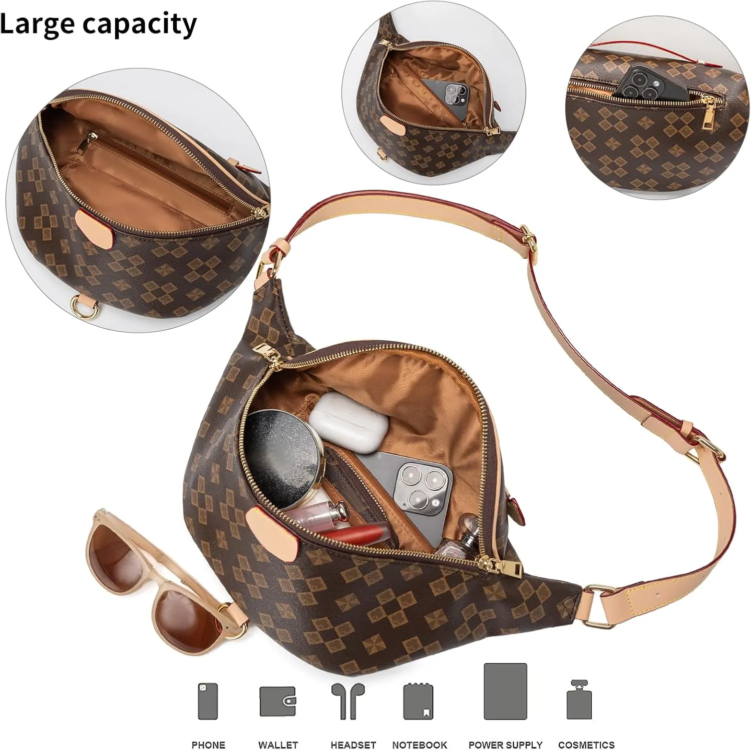 Crossbody Sling Bag for Women Fanny Pack with Adjustable Strap Large Opening Two-Way Zipper Closure Chest Bag Trendy Checkered Belt Bag for Daily Shopping Travel (Brown)