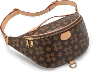 Crossbody Sling Bag for Women Fanny Pack with Adjustable Strap Large Opening Two-Way Zipper Closure Chest Bag Trendy Checkered Belt Bag for Daily Shopping Travel (Brown)