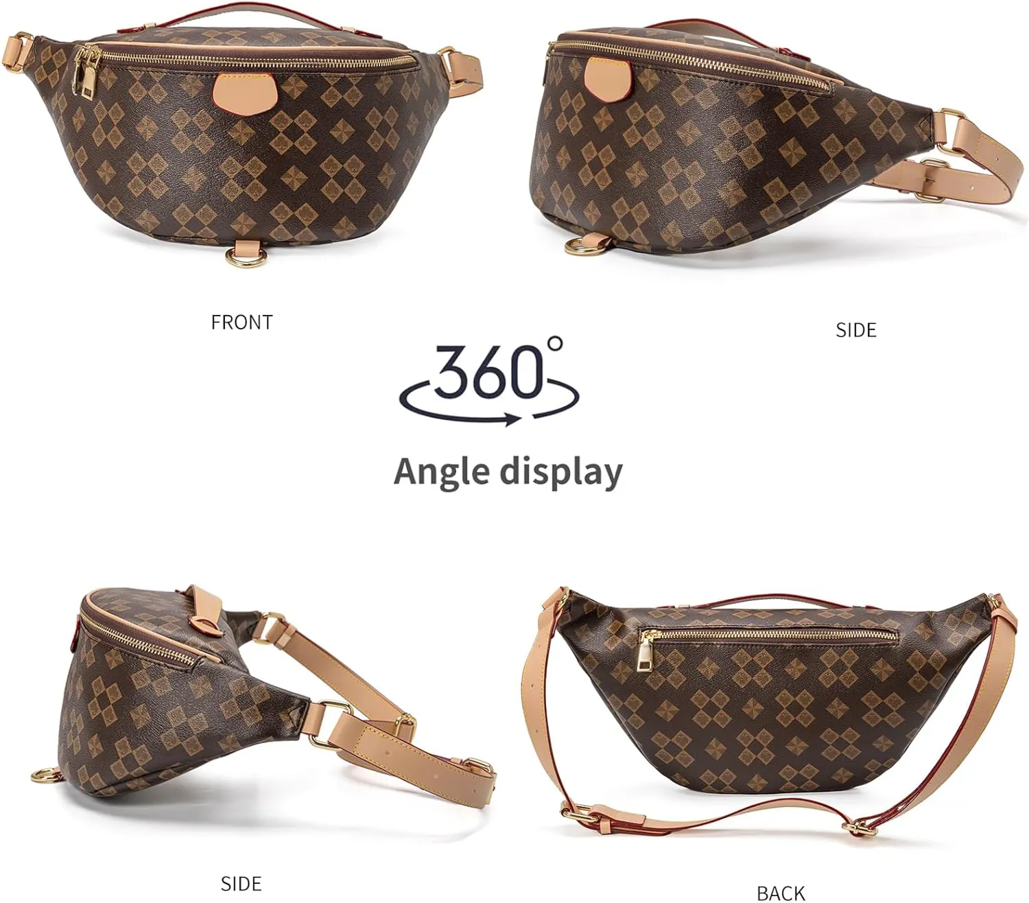 Crossbody Sling Bag for Women Fanny Pack with Adjustable Strap Large Opening Two-Way Zipper Closure Chest Bag Trendy Checkered Belt Bag for Daily Shopping Travel (Brown)