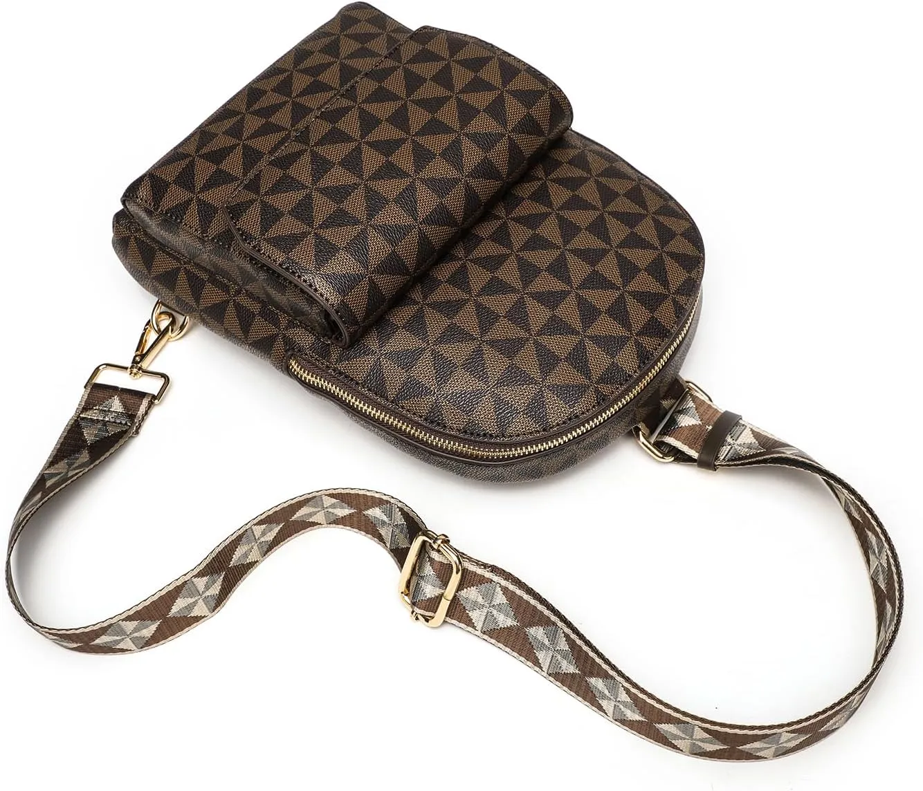 Crossbody Sling Bag for Women Fanny Pack with Adjustable Strap Large Opening Two-Way Zipper Closure Chest Bag Trendy Checkered Belt Bag for Daily Shopping Travel (Coffee brown)