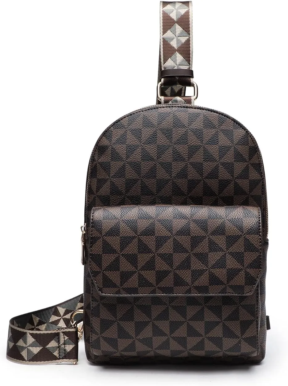 Crossbody Sling Bag for Women Fanny Pack with Adjustable Strap Large Opening Two-Way Zipper Closure Chest Bag Trendy Checkered Belt Bag for Daily Shopping Travel (Coffee brown)