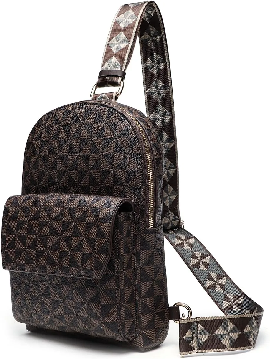 Crossbody Sling Bag for Women Fanny Pack with Adjustable Strap Large Opening Two-Way Zipper Closure Chest Bag Trendy Checkered Belt Bag for Daily Shopping Travel (Coffee brown)