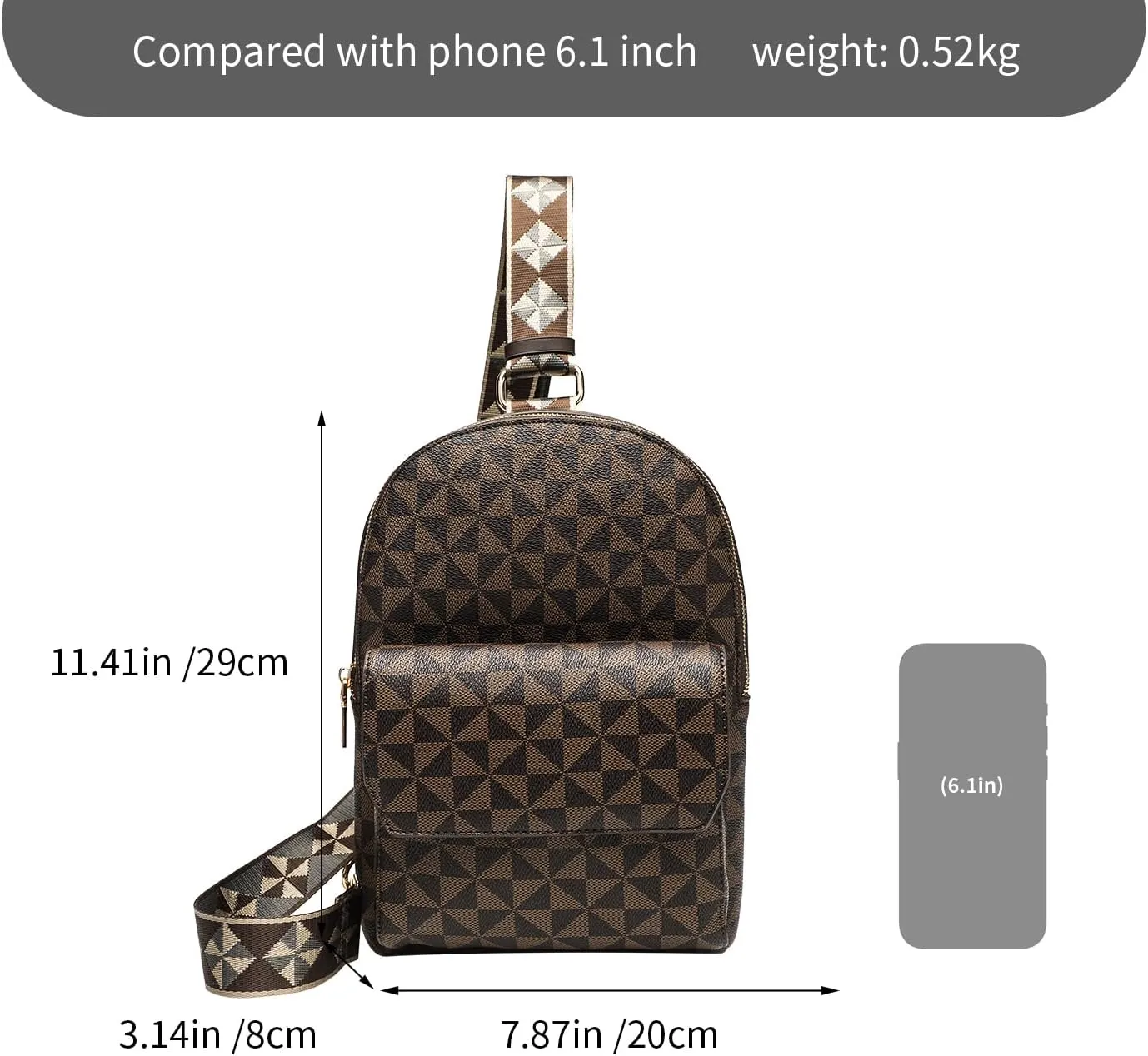 Crossbody Sling Bag for Women Fanny Pack with Adjustable Strap Large Opening Two-Way Zipper Closure Chest Bag Trendy Checkered Belt Bag for Daily Shopping Travel (Coffee brown)