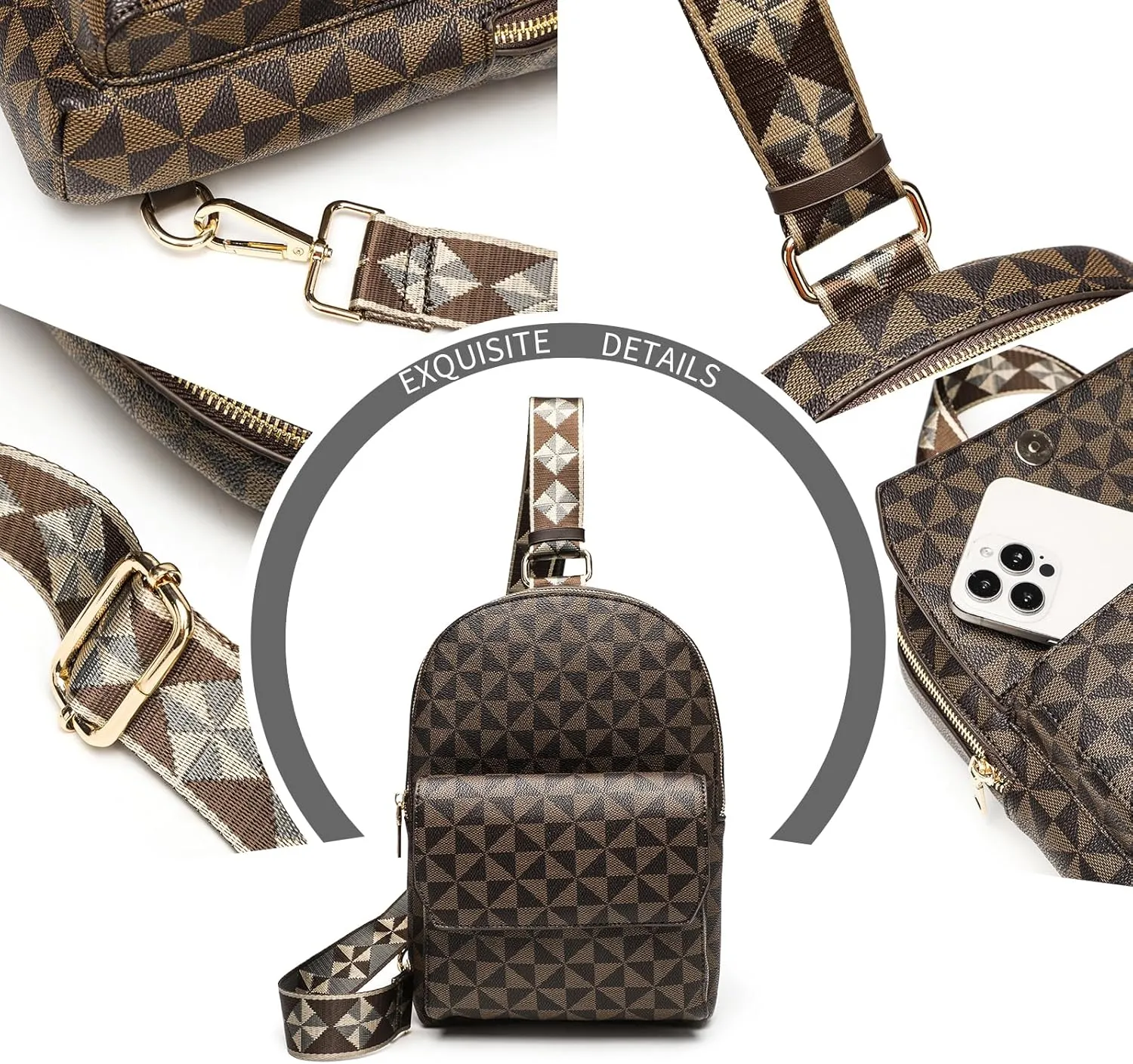 Crossbody Sling Bag for Women Fanny Pack with Adjustable Strap Large Opening Two-Way Zipper Closure Chest Bag Trendy Checkered Belt Bag for Daily Shopping Travel (Coffee brown)