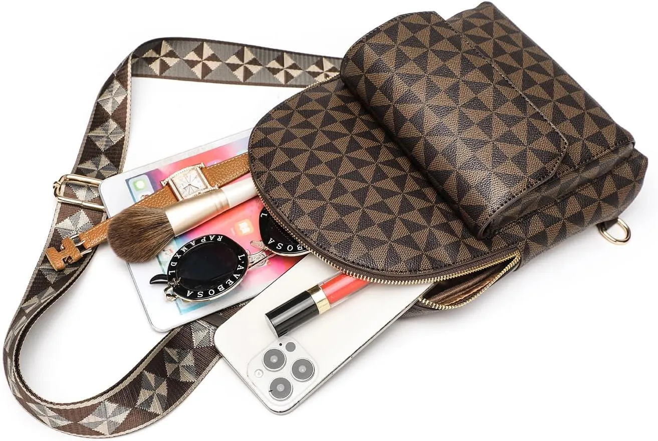 Crossbody Sling Bag for Women Fanny Pack with Adjustable Strap Large Opening Two-Way Zipper Closure Chest Bag Trendy Checkered Belt Bag for Daily Shopping Travel (Coffee brown)