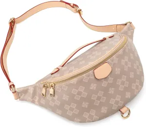 Crossbody Sling Bag for Women Fanny Pack with Adjustable Strap Large Opening Two-Way Zipper Closure Chest Bag Trendy Checkered Belt Bag for Daily Shopping Travel (Milk Tea Color)