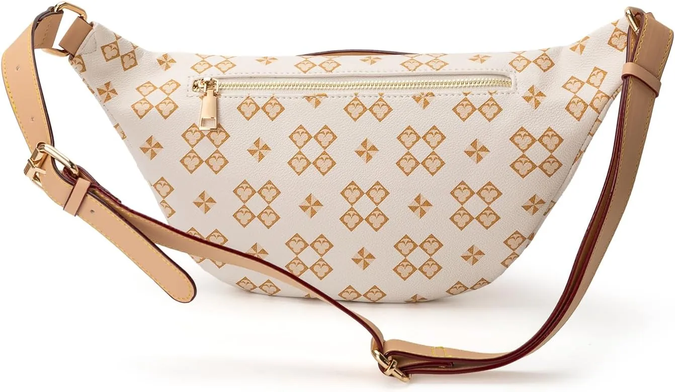 Crossbody Sling Bag for Women Fanny Pack with Adjustable Strap Large Opening Two-Way Zipper Closure Chest Bag Trendy Checkered Belt Bag for Daily Shopping Travel (Pure white)