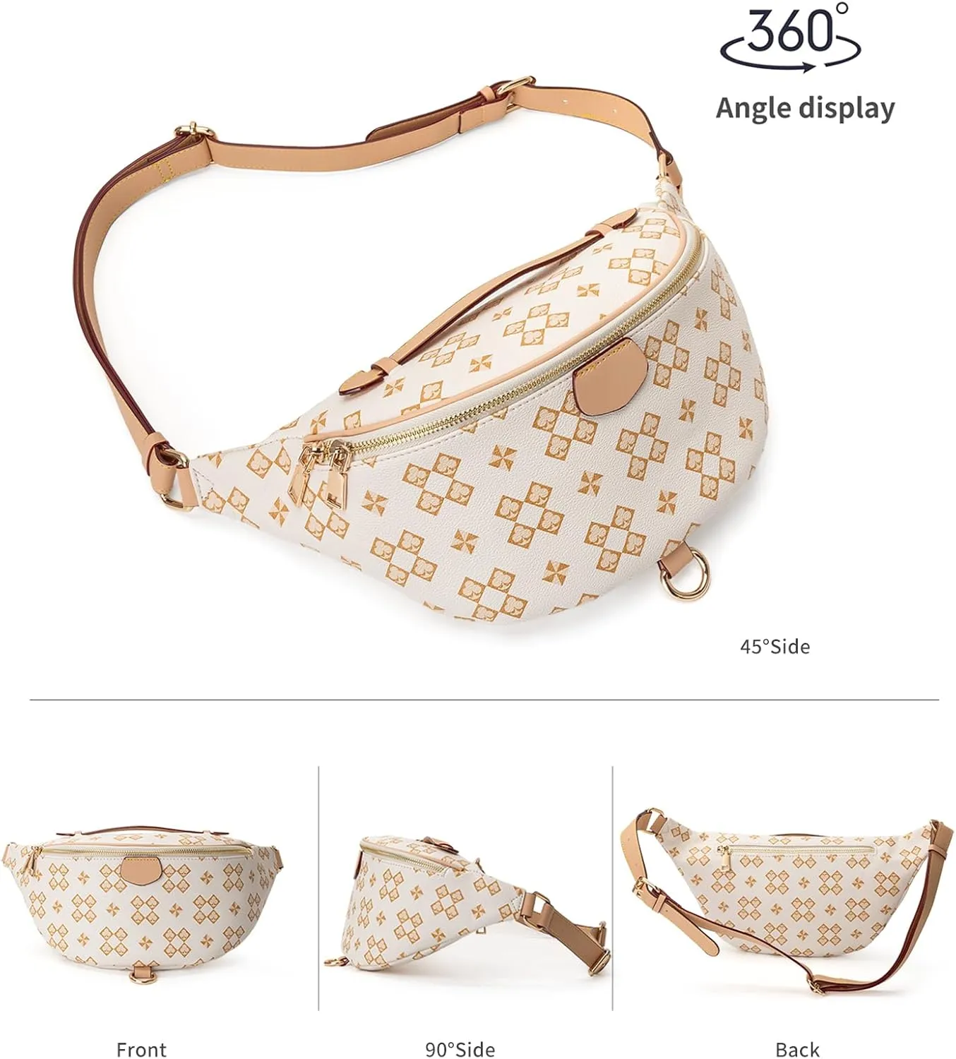 Crossbody Sling Bag for Women Fanny Pack with Adjustable Strap Large Opening Two-Way Zipper Closure Chest Bag Trendy Checkered Belt Bag for Daily Shopping Travel (Pure white)