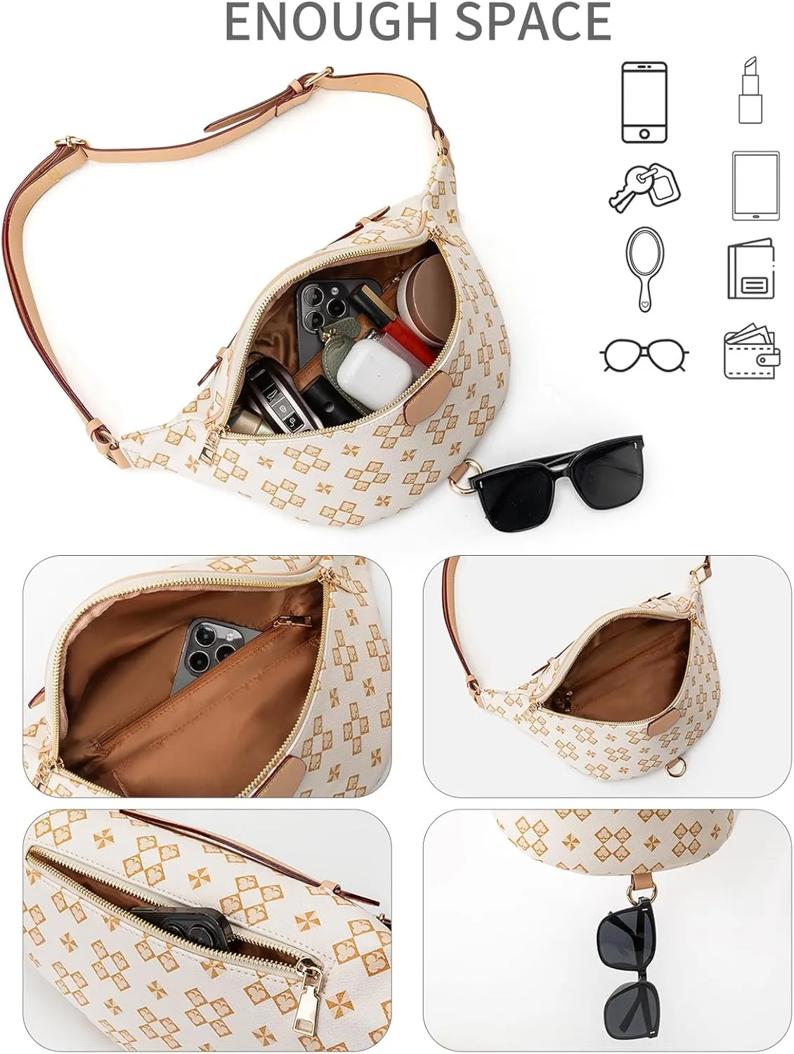 Crossbody Sling Bag for Women Fanny Pack with Adjustable Strap Large Opening Two-Way Zipper Closure Chest Bag Trendy Checkered Belt Bag for Daily Shopping Travel (Pure white)