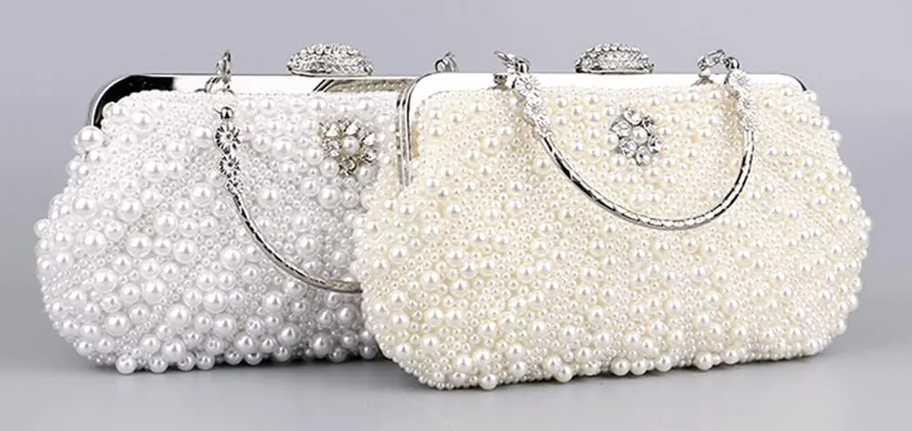 Crystal Floral Pearl Purses for Women Pearl Bag Tote Bag Beaded bag Bridal Purse Evening Party Bag with Chain Wedding White
