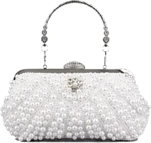Crystal Floral Pearl Purses for Women Pearl Bag Tote Bag Beaded bag Bridal Purse Evening Party Bag with Chain Wedding White