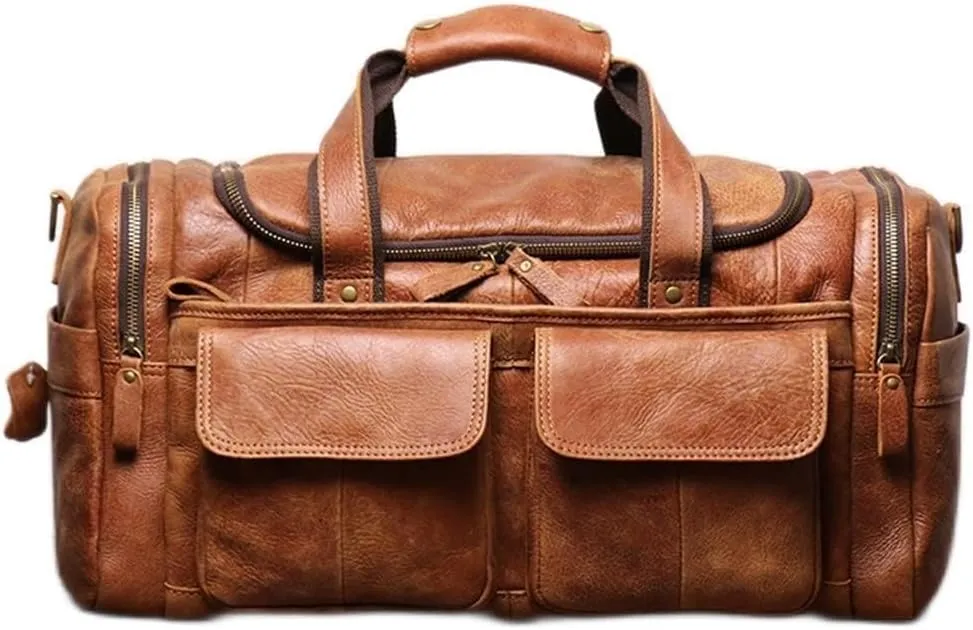 CSCDD Retro Frosted Leather Hand Luggage Bag Leather Men's Shoulder Messenger Bag for Short Trips Travel Bags(White-Patch Five-Pointed star4)
