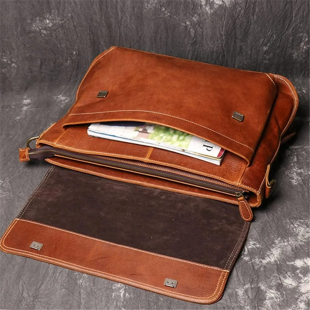 CSCDD Retro Men's Handbag Large Capacity Briefcase Messenger Bag 15.6 Inch Computer Bag Horizontal