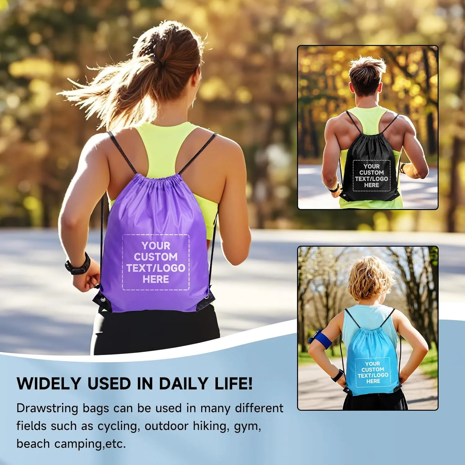 Custom Drawstring Bags With Logo, 100 Pack Personalized Text Drawstring Backpack Bulk Great for Travelling, Gym and for Everyday Use (Deep Blue)