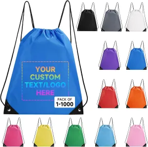 Custom Drawstring Bags With Logo, 100 Pack Personalized Text Drawstring Backpack Bulk Great for Travelling, Gym and for Everyday Use (Deep Blue)