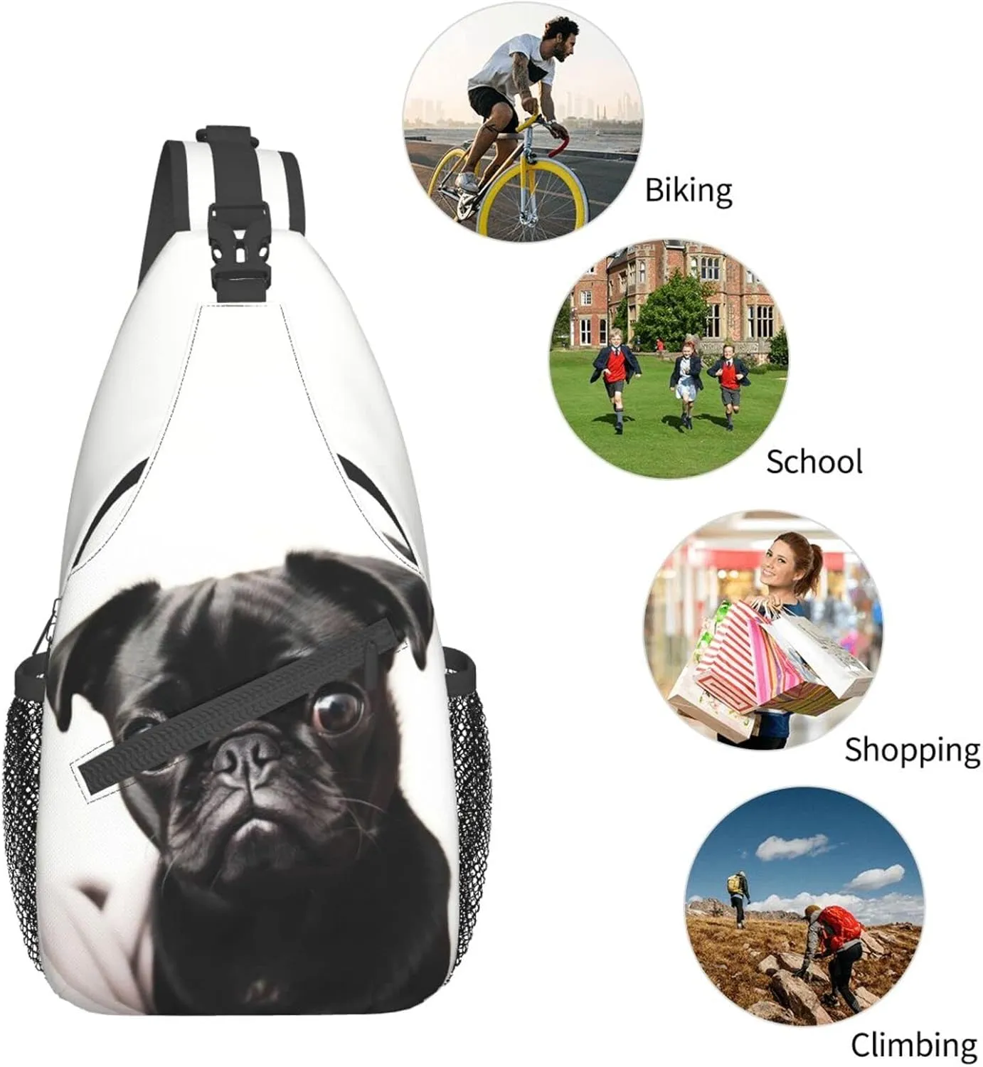 Cute Black Pug Outdoor Cross-body Shoulder Bag, Unisex Backpack For Women Men Young Hiking Travel