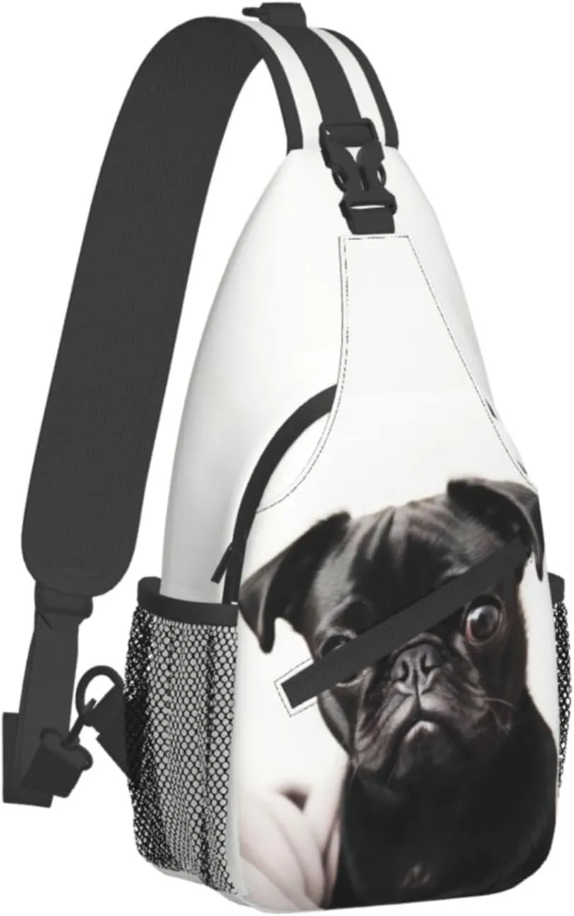 Cute Black Pug Outdoor Cross-body Shoulder Bag, Unisex Backpack For Women Men Young Hiking Travel