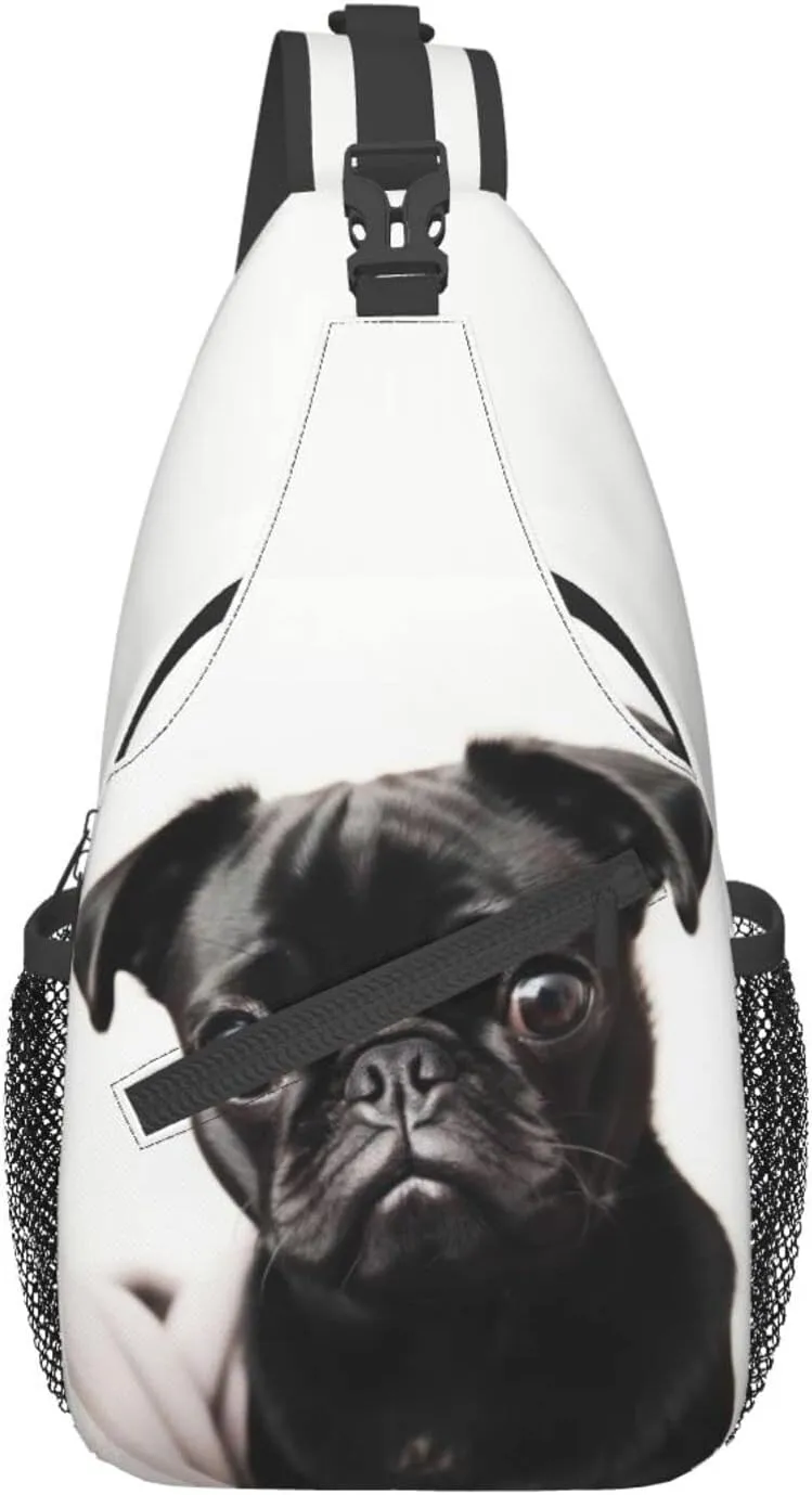 Cute Black Pug Outdoor Cross-body Shoulder Bag, Unisex Backpack For Women Men Young Hiking Travel