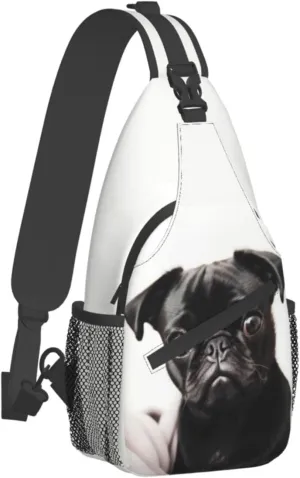 Cute Black Pug Outdoor Cross-body Shoulder Bag, Unisex Backpack For Women Men Young Hiking Travel