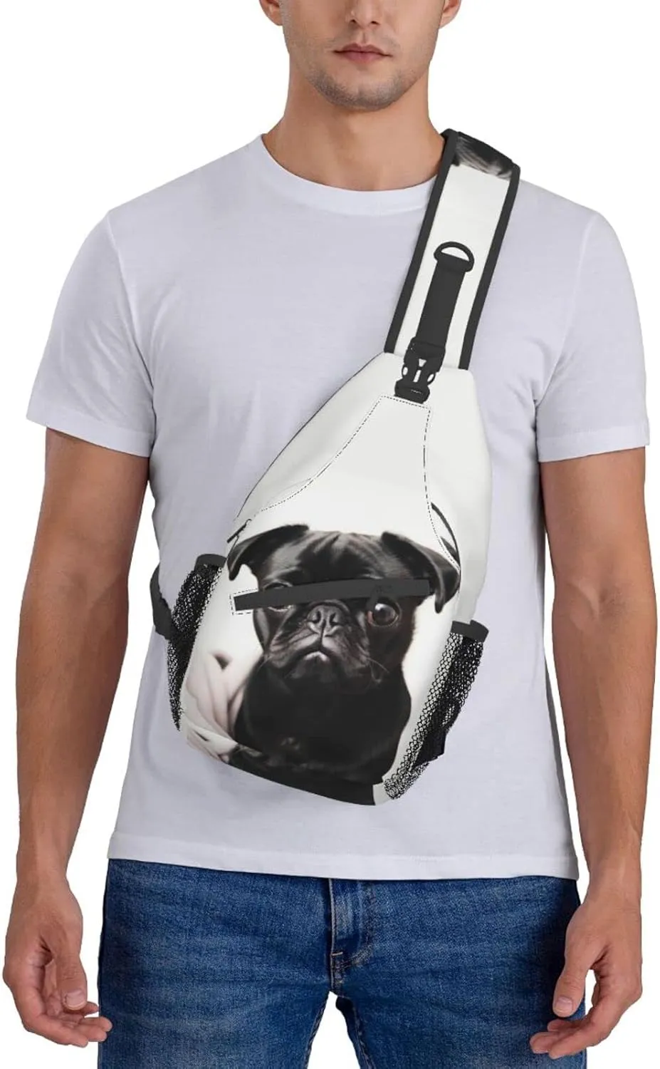 Cute Black Pug Outdoor Cross-body Shoulder Bag, Unisex Backpack For Women Men Young Hiking Travel