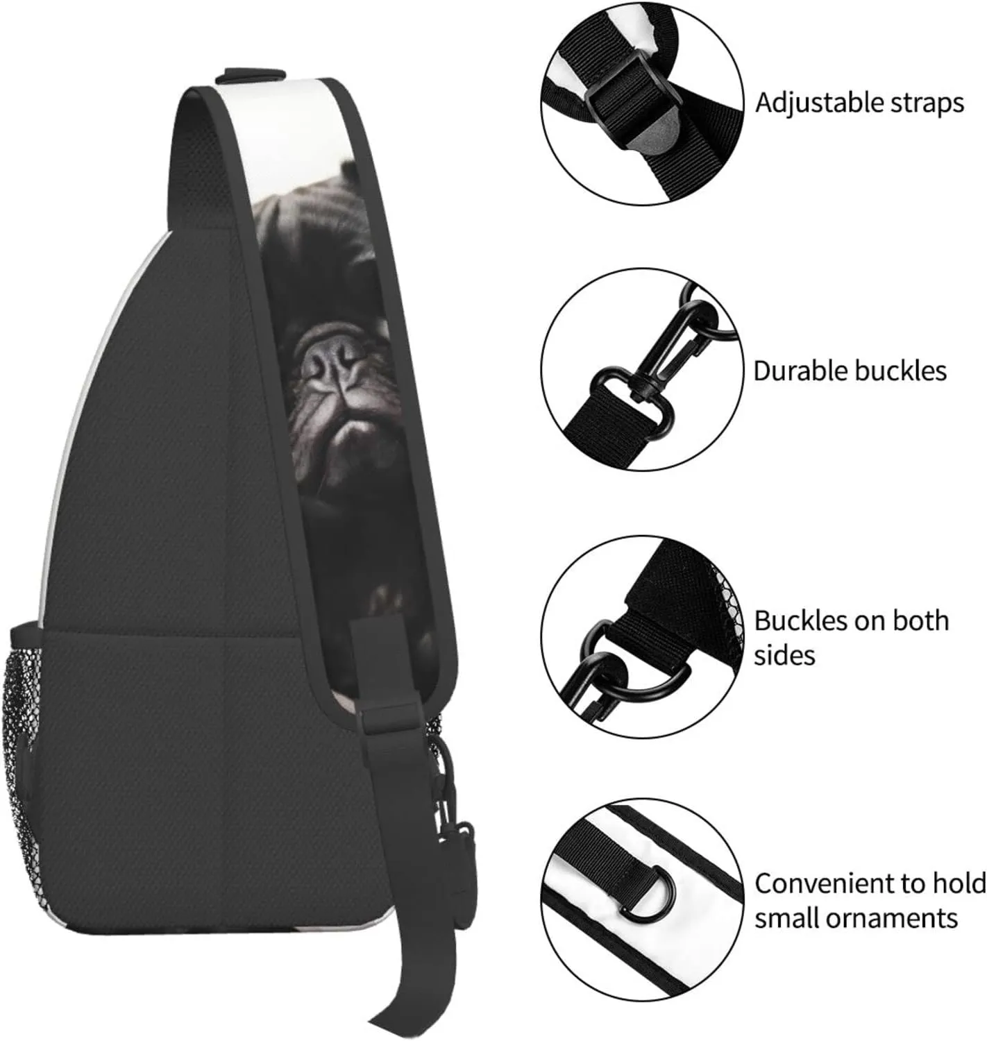 Cute Black Pug Outdoor Cross-body Shoulder Bag, Unisex Backpack For Women Men Young Hiking Travel
