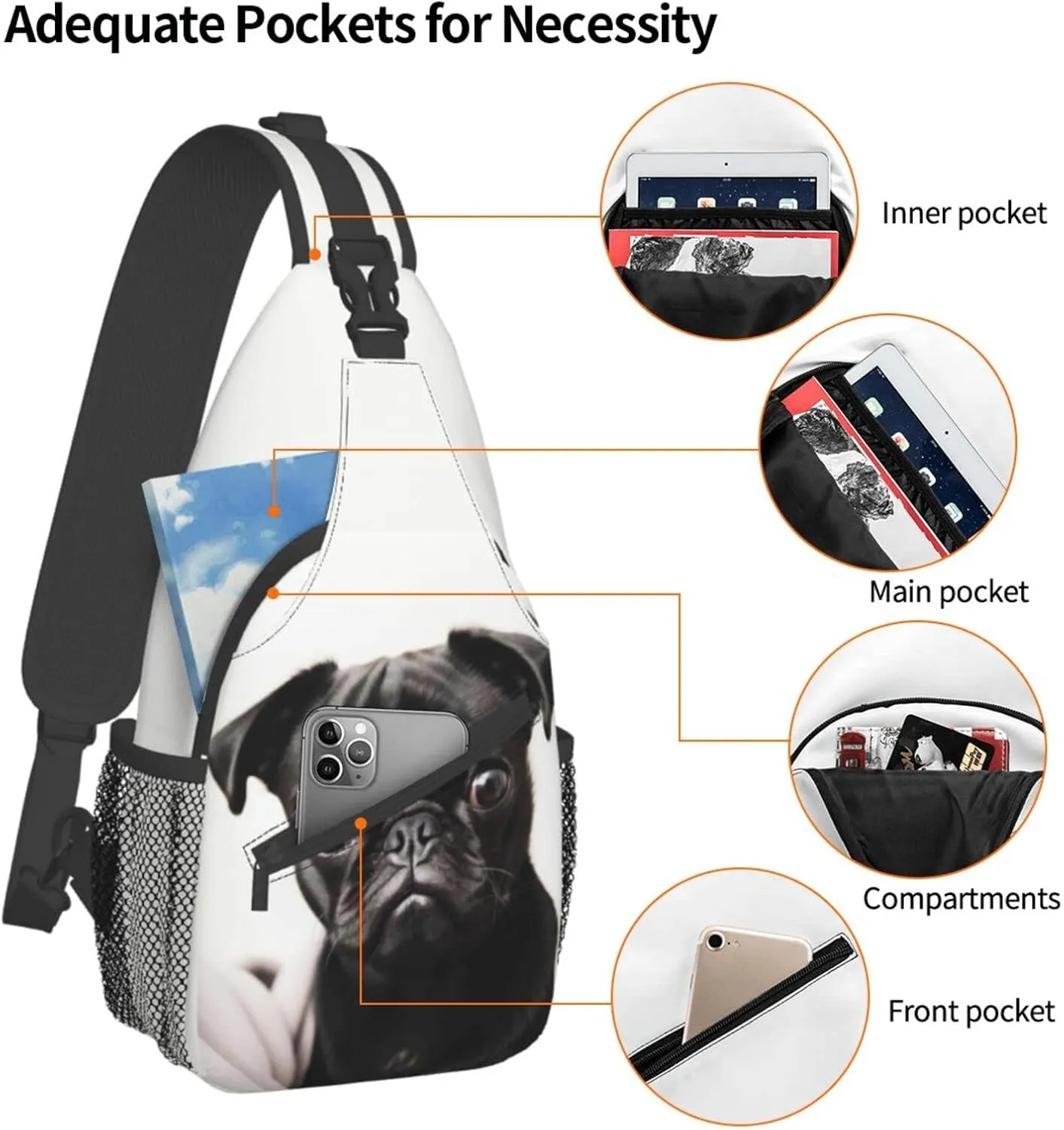 Cute Black Pug Outdoor Cross-body Shoulder Bag, Unisex Backpack For Women Men Young Hiking Travel