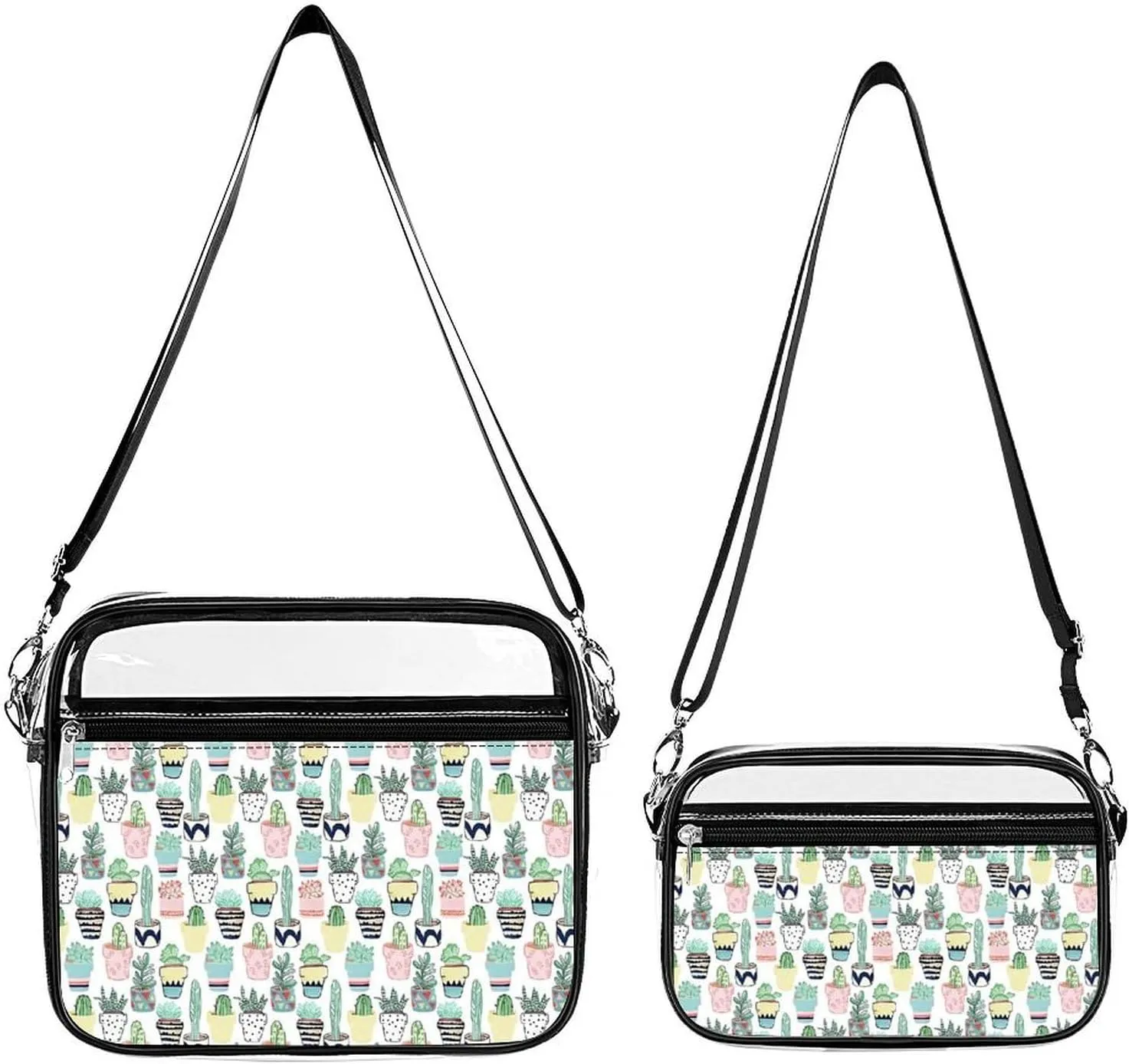 Cute Cacti in Pots Transparent Cross Bag Two-piece Set, Fashionable Transparent Bag