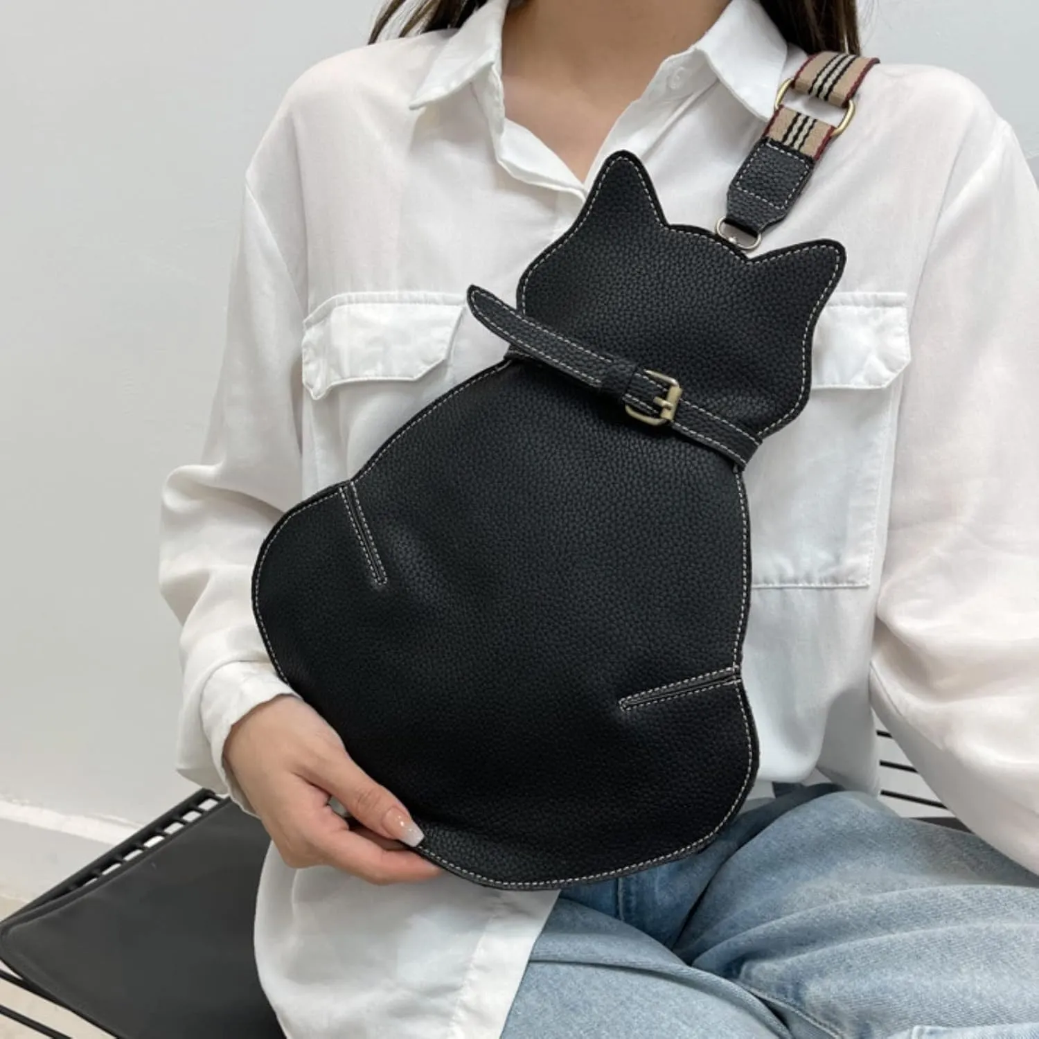 Cute Cat Bags New Personality One Shoulder Messenger Bags Fashion Chest Bag Geographic Messenger Bag (Black, One Size)